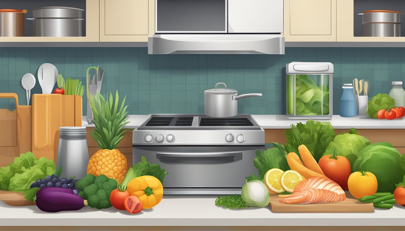 A well-organized kitchen with a variety of fresh fruits, vegetables, and seafood neatly arranged in the refrigerator and pantry. A cutting board with a knife and a fish fillet ready to be prepared on the countertop