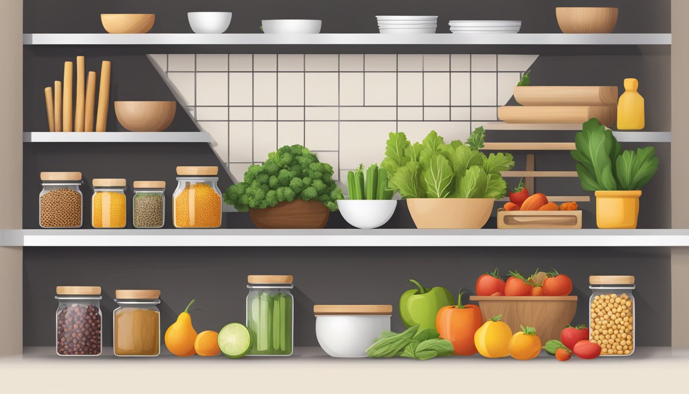 A kitchen with organized shelves of spices, grains, and fresh produce. Colorful fruits and vegetables displayed in a balanced, harmonious arrangement