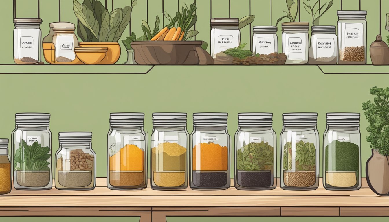 An organized Ayurvedic kitchen with labeled jars of spices, neatly arranged fresh produce, and a clean, clutter-free countertop