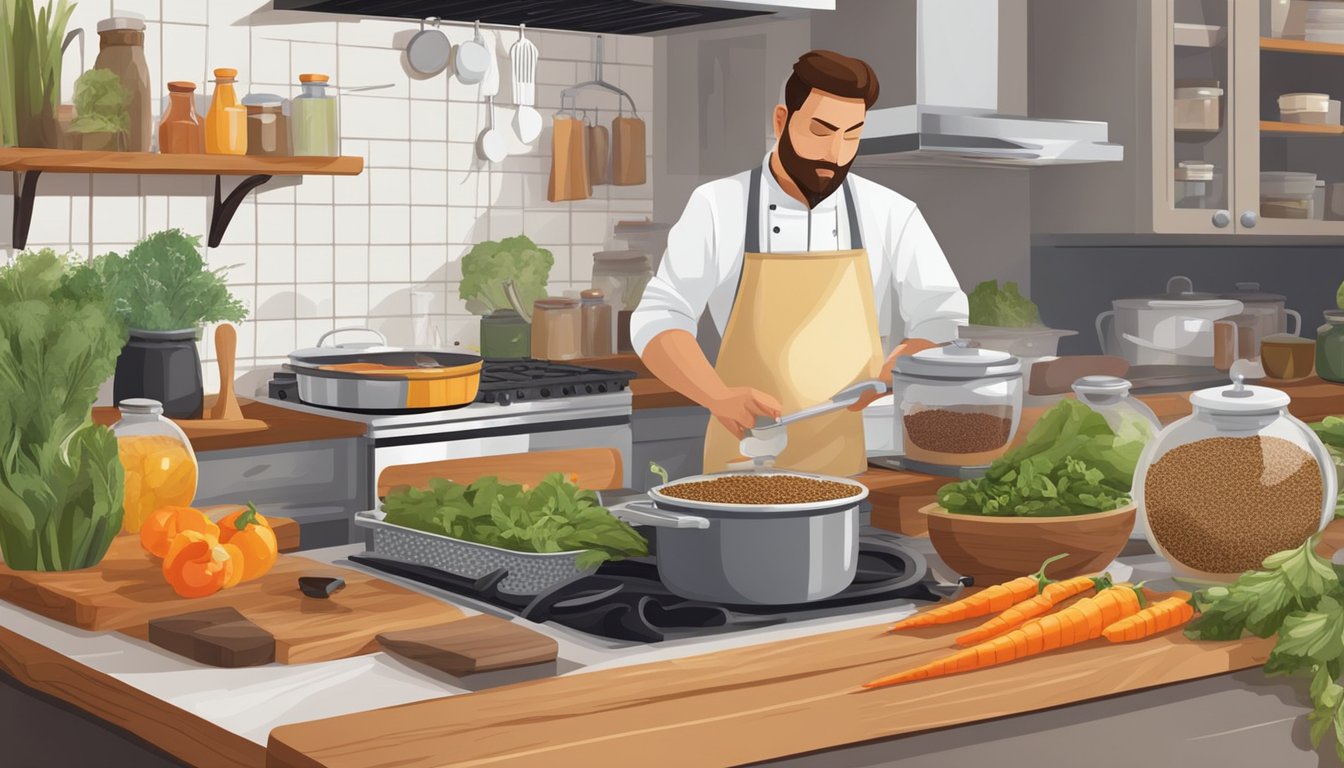 A kitchen with neatly organized shelves of spices, grains, and fresh produce. A pot simmering on the stove, while a chef chops vegetables on a wooden cutting board