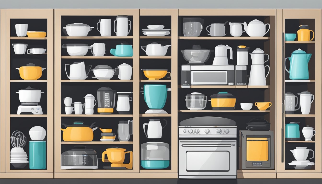 Various kitchen appliances neatly organized on shelves and in cabinets, with labels indicating their categories