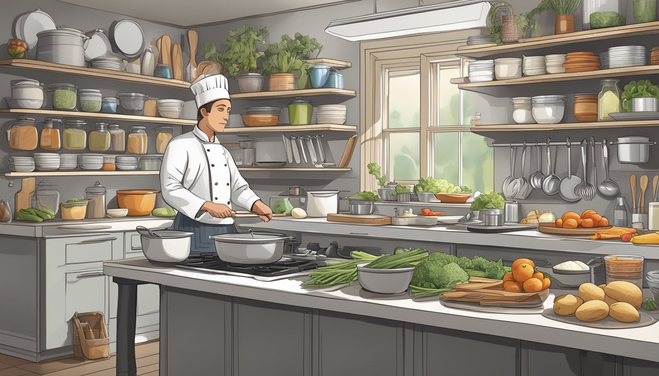 A well-organized kitchen with labeled ingredients, utensils, and a chef preparing dishes for a dinner party