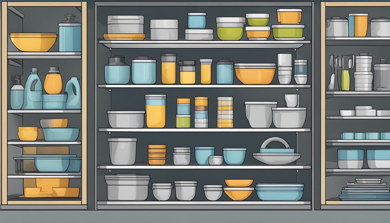 Specialty appliances neatly organized on shelves and in cabinets, with labeled storage containers for smaller items. Efficient use of space and easy access