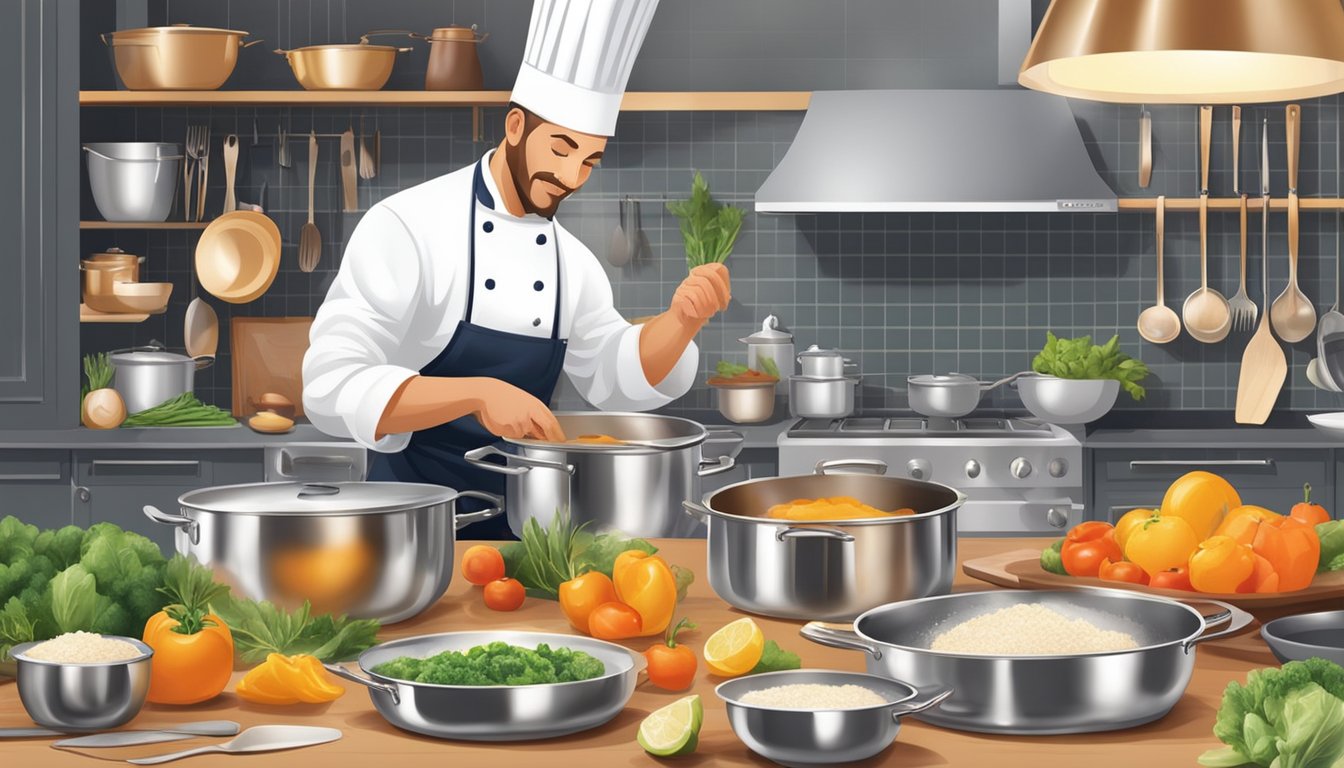 The chef arranges gleaming cookware and fresh ingredients on the kitchen counter, while elegant table settings are carefully placed nearby