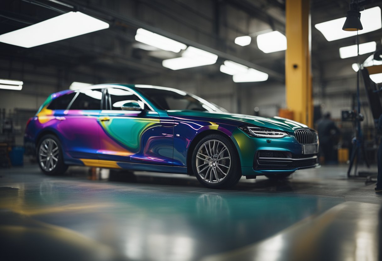 A car being meticulously painted in a custom car paint shop, with the artist carefully applying layers of vibrant color to the vehicle's surface