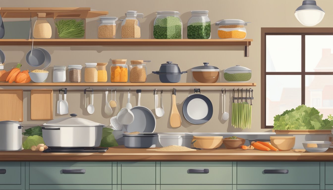 A well-organized kitchen with shelves of whole grains, beans, and fresh produce. A pot of miso soup simmers on the stove, and a variety of cooking utensils hang neatly on the wall