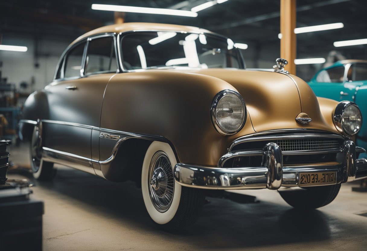 A vintage car with intricate custom paintwork being meticulously restored in a specialty paint shop