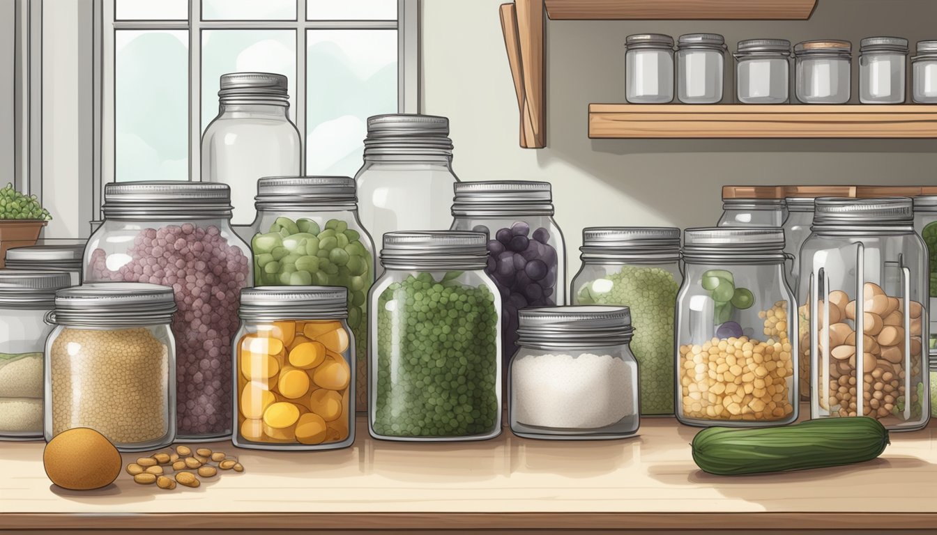 A clean, spacious kitchen counter with organized jars, fermentation weights, and labeled ingredients for the fermentation process