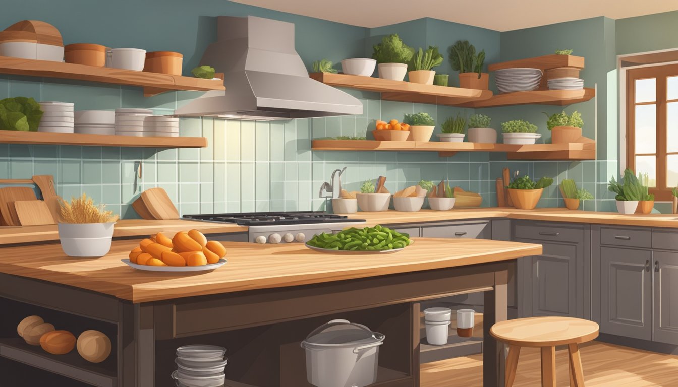 A bright, spacious kitchen with neatly organized shelves of whole grains, beans, and fresh produce. A large wooden cutting board sits on the counter next to a set of sharp knives