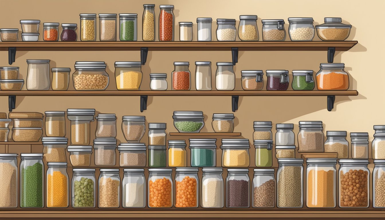 A neatly organized kitchen with shelves filled with whole grains, fresh vegetables, and legumes. A variety of jars and containers labeled with different macrobiotic ingredients