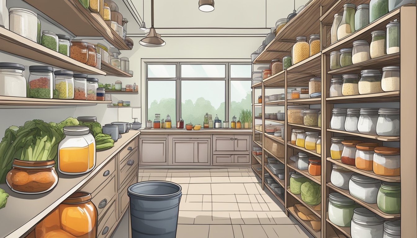 A clean, well-lit kitchen with shelves stocked with jars, fermenting vessels, and labeled ingredients. A clear work surface with tools and containers for preparing and storing fermented foods