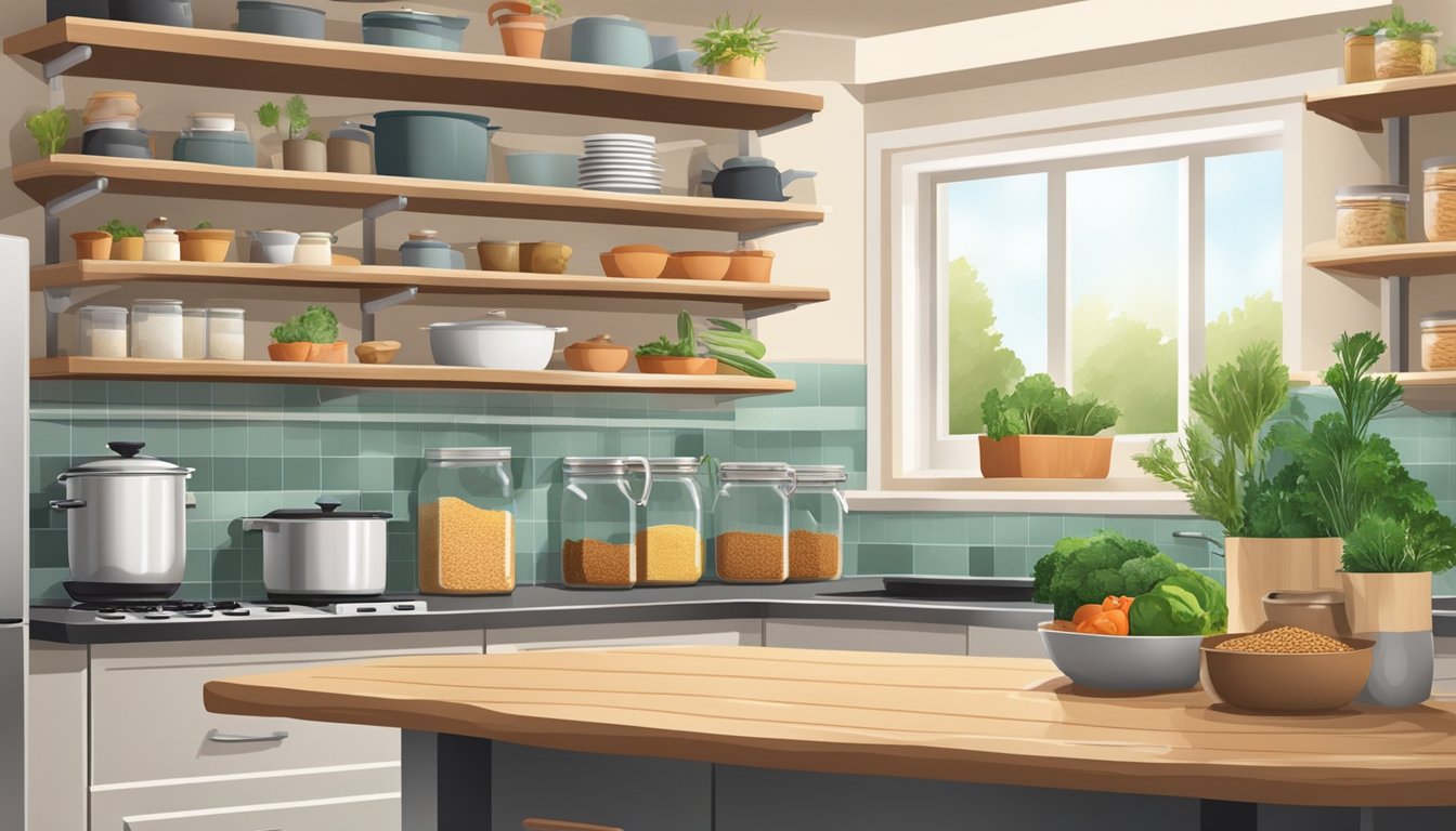 A well-organized kitchen with shelves stocked with whole grains, beans, fresh vegetables, and seaweed. A clean, clutter-free space with natural light