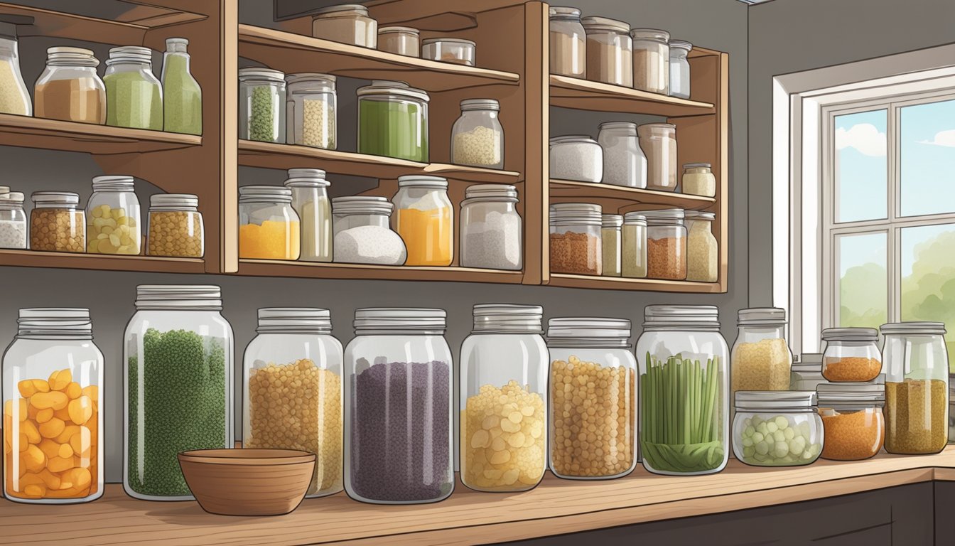 A clean, spacious kitchen countertop holds various jars, bottles, and containers filled with fermenting ingredients. Shelves behind it are neatly organized with labeled jars and supplies for fermenting