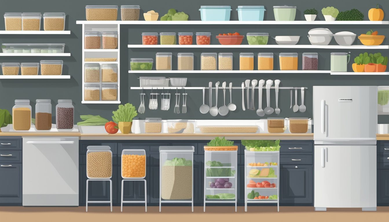 A well-organized kitchen with labeled containers of grains, legumes, and fresh produce. A meal plan pinned to the fridge and a cooking schedule on the counter