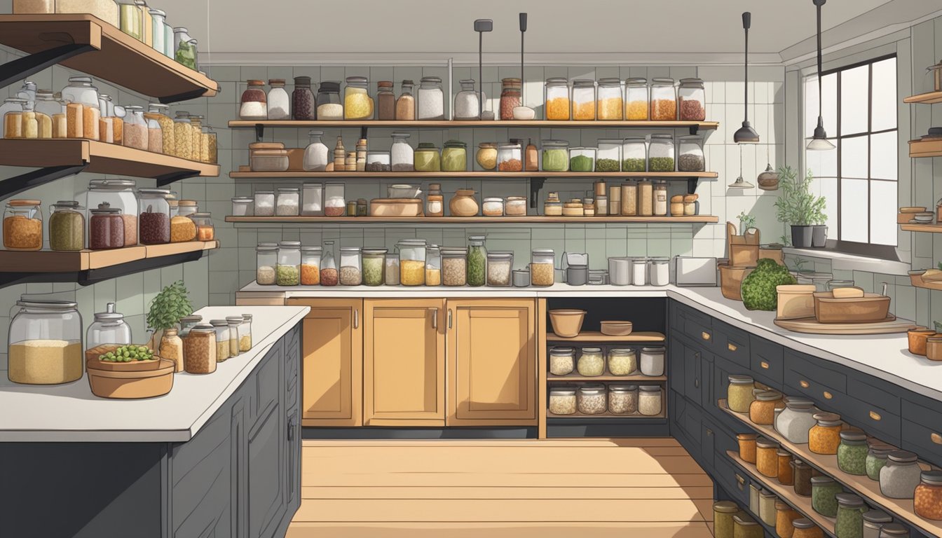 A spacious, well-lit kitchen with labeled jars of fermenting foods and beverages neatly arranged on shelves. Various equipment and utensils for fermenting are organized on a nearby countertop