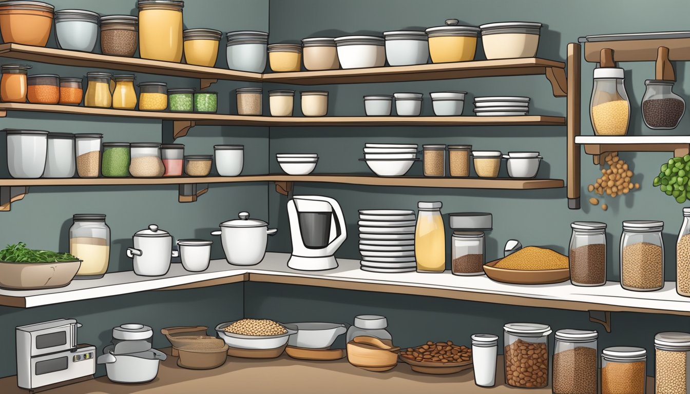 A well-organized kitchen with neatly arranged shelves of whole grains, beans, and fresh produce. A variety of cooking utensils and appliances are neatly stored and ready for use