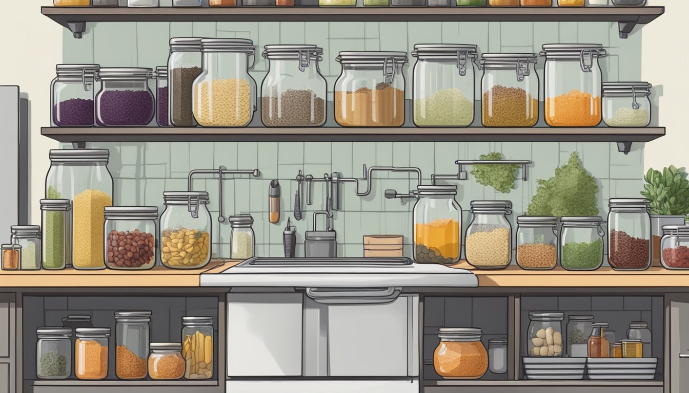 A clean, spacious kitchen counter with neatly organized jars, fermenting vessels, and labeled ingredients. Shelves hold various tools and supplies for maintaining and troubleshooting the fermentation station