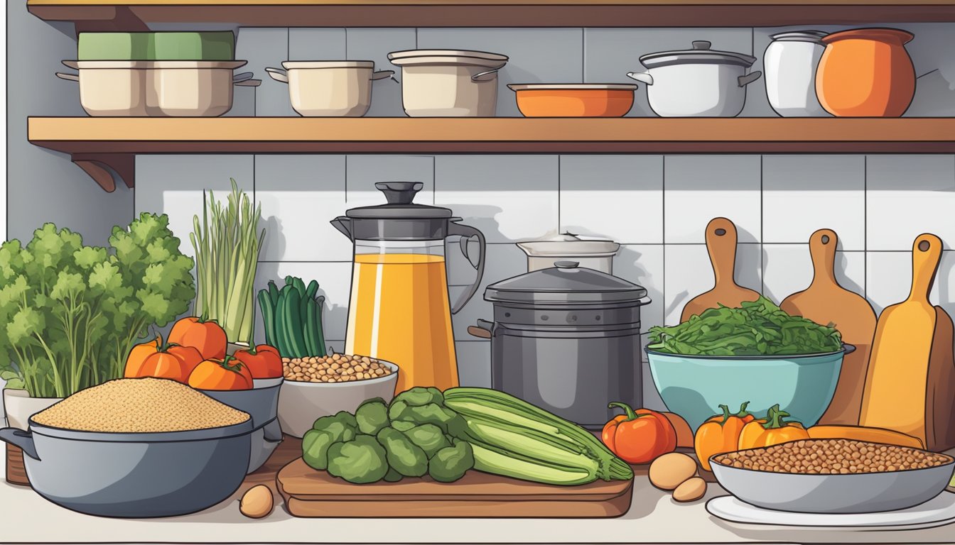 A well-organized kitchen with neatly arranged shelves of whole grains, beans, and fresh produce. A pot of simmering soup on the stove and a cutting board with colorful vegetables ready to be chopped