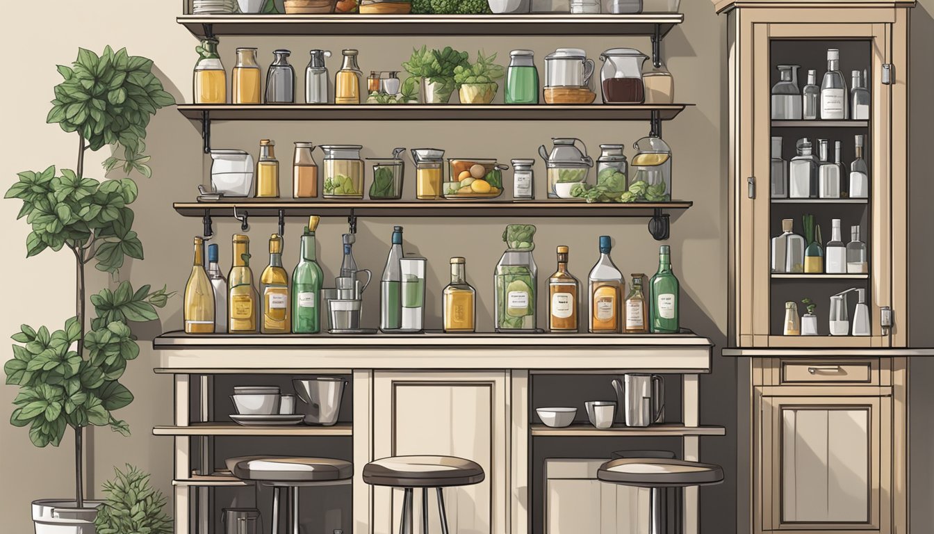 A well-stocked bar cart sits against a clean, organized kitchen backdrop. Shelves hold neatly arranged bottles, glassware, and bar tools. Fresh fruit and herbs are neatly displayed for garnishes