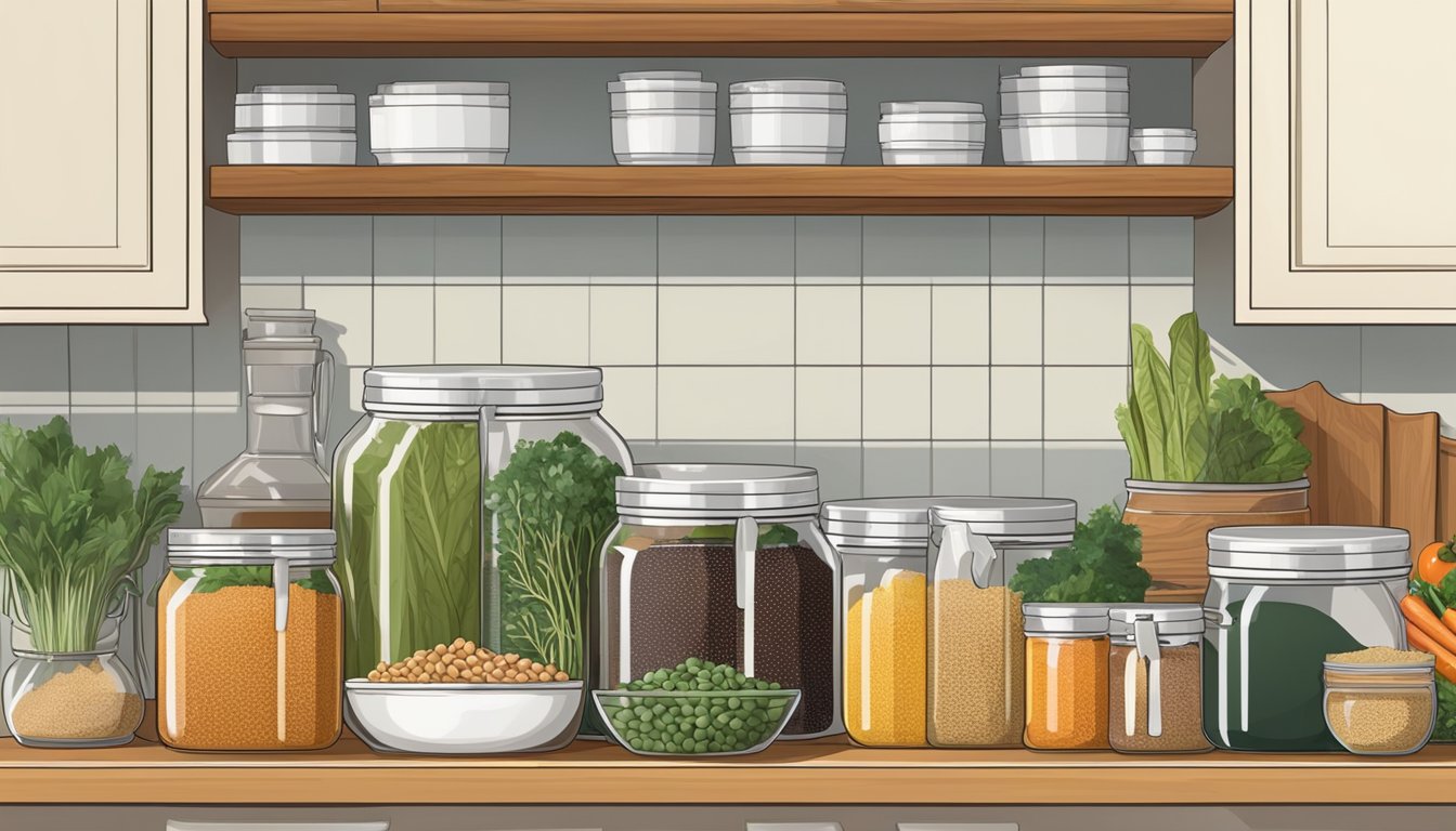 A neatly organized kitchen with labeled jars of grains, beans, and vegetables. A cutting board with fresh produce and a pot simmering on the stove