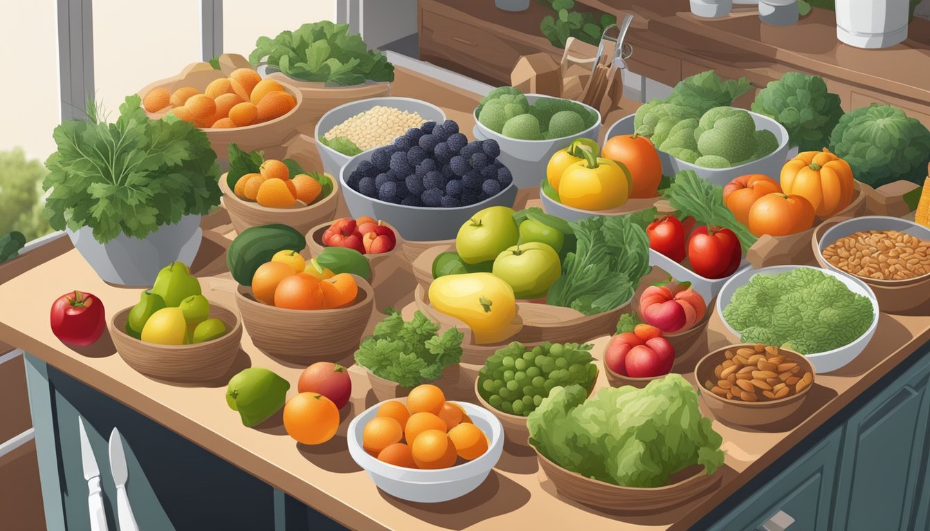 A well-organized kitchen with an abundance of fresh fruits, vegetables, nuts, and seeds neatly arranged in baskets and containers. A large cutting board and sharp knives are ready for food preparation