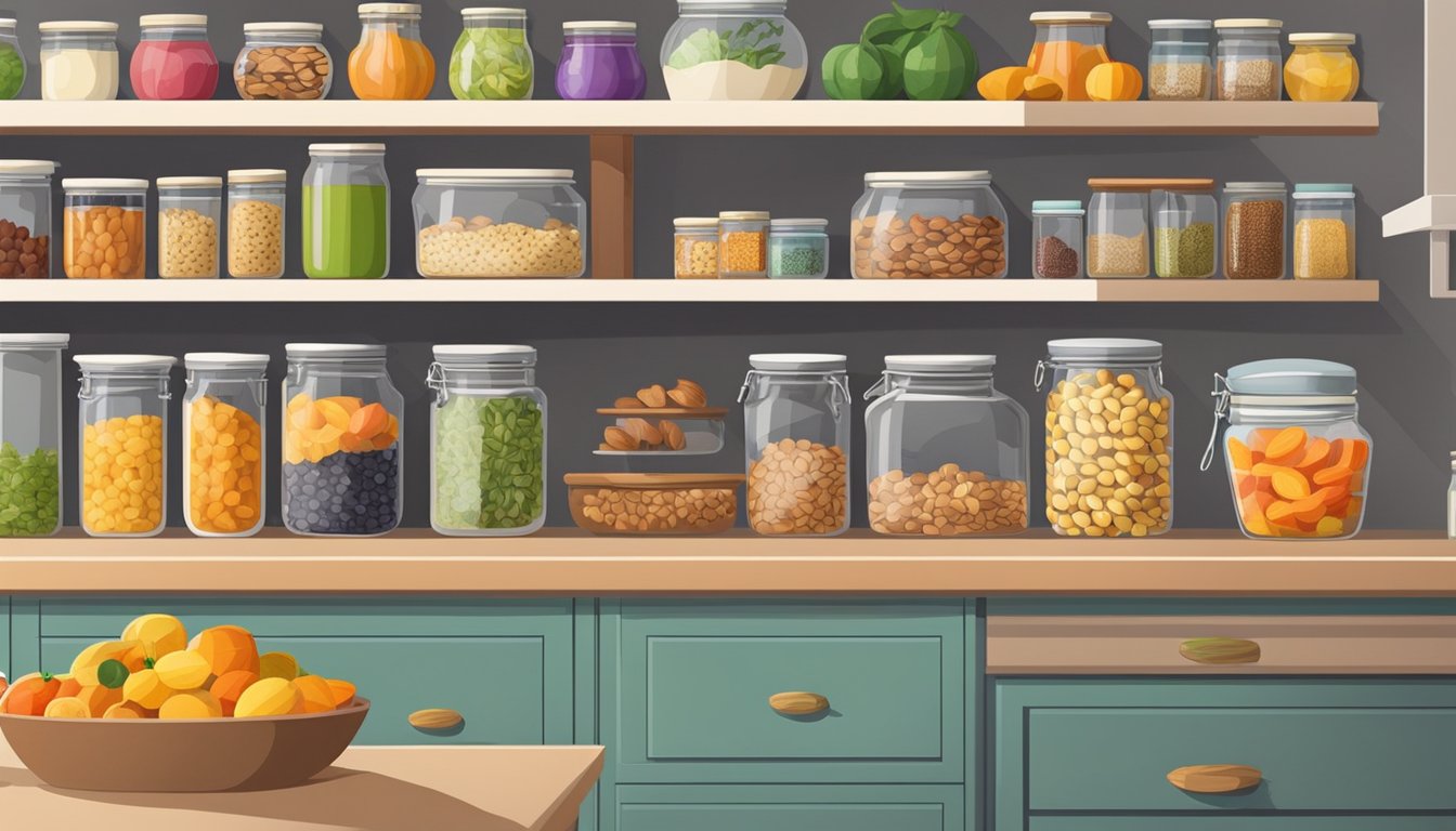 A bright, spacious kitchen with open shelves filled with jars of nuts, seeds, dried fruits, and colorful fresh produce. A large countertop holds a variety of cutting boards, knives, and food storage containers