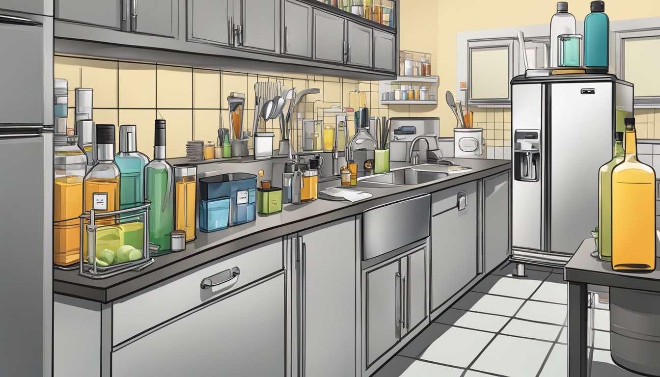 A well-organized kitchen with labeled containers and utensils, a sleek bar area with various bottles and mixology tools, and a clean-up station with a trash can and cleaning supplies