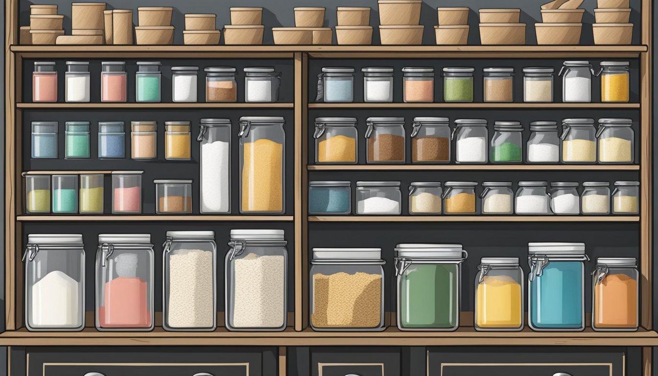 A well-organized pantry with labeled containers of flour, sugar, and other baking ingredients neatly arranged on shelves. A chalkboard or whiteboard with a list of needed items adds a touch of organization