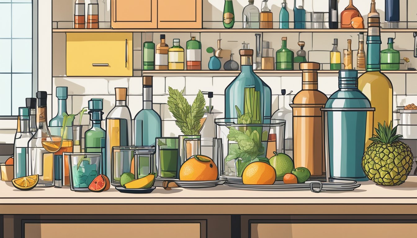 The kitchen counter is adorned with cocktail shakers, fresh fruits, and various bottles of alcohol. Glassware is neatly arranged nearby, while a decorative bar cart holds additional mixology tools and ingredients