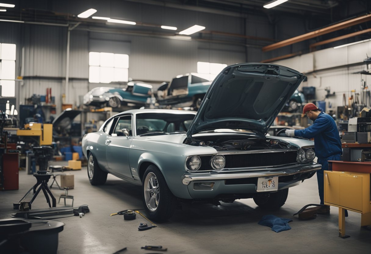 A busy auto body collision shop with cars being repaired and painted, tools and equipment scattered around the workshop