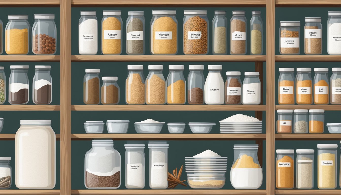 A neatly organized pantry with labeled containers and shelves filled with various baking ingredients such as flour, sugar, and spices