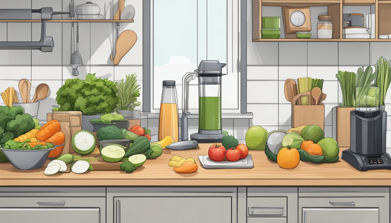 A clean, organized kitchen with fresh fruits and vegetables neatly arranged on the counter. Cutting boards, knives, and a blender ready for use