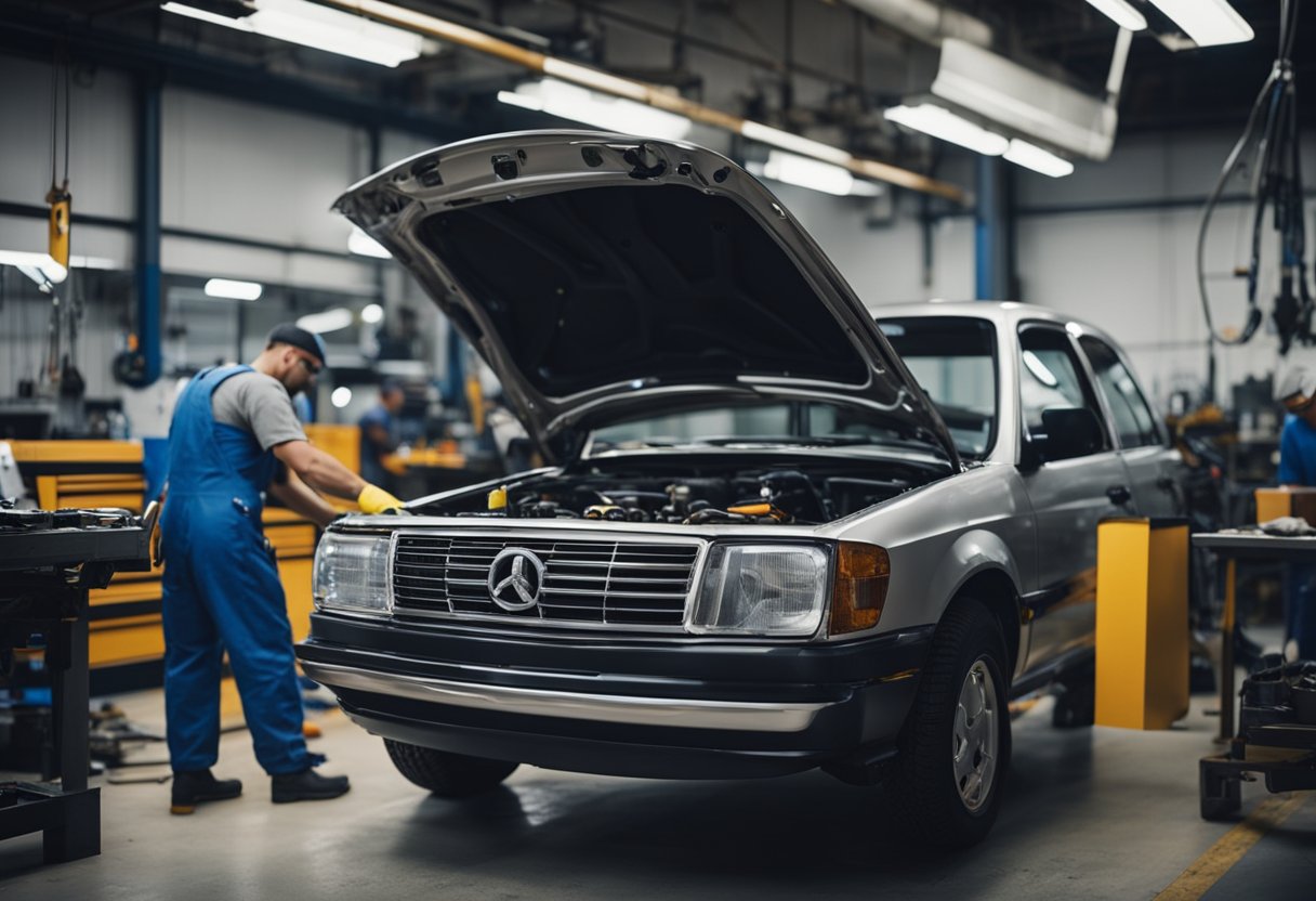 A car being repaired in an auto body collision shop, surrounded by tools, equipment, and workers in coveralls