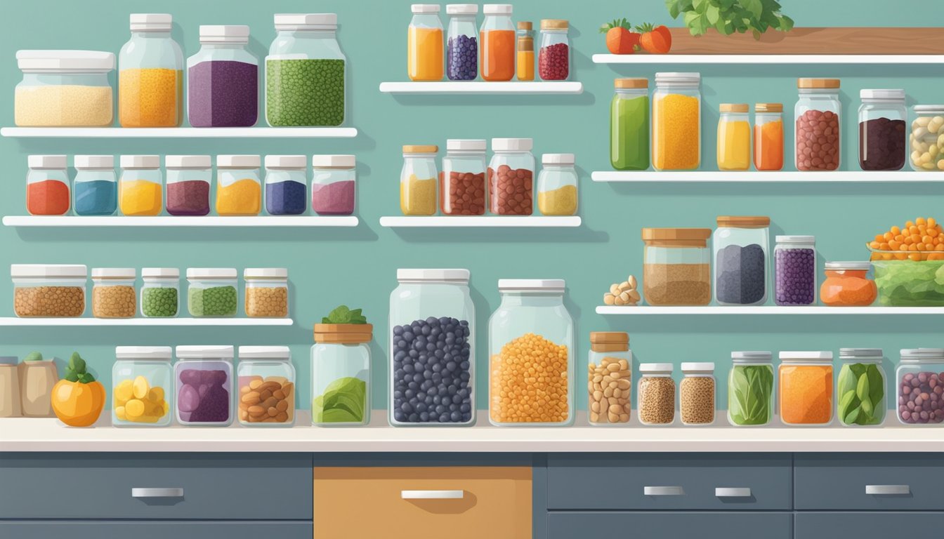 A brightly lit kitchen with neatly organized shelves filled with colorful superfoods and supplements, including fresh fruits, vegetables, nuts, seeds, and jars of powders and capsules