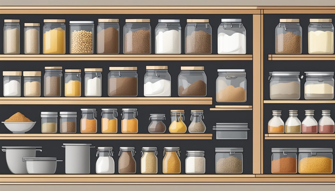 A well-organized pantry with labeled containers for flour, sugar, and spices. Shelves hold baskets and jars for easy access to baking ingredients