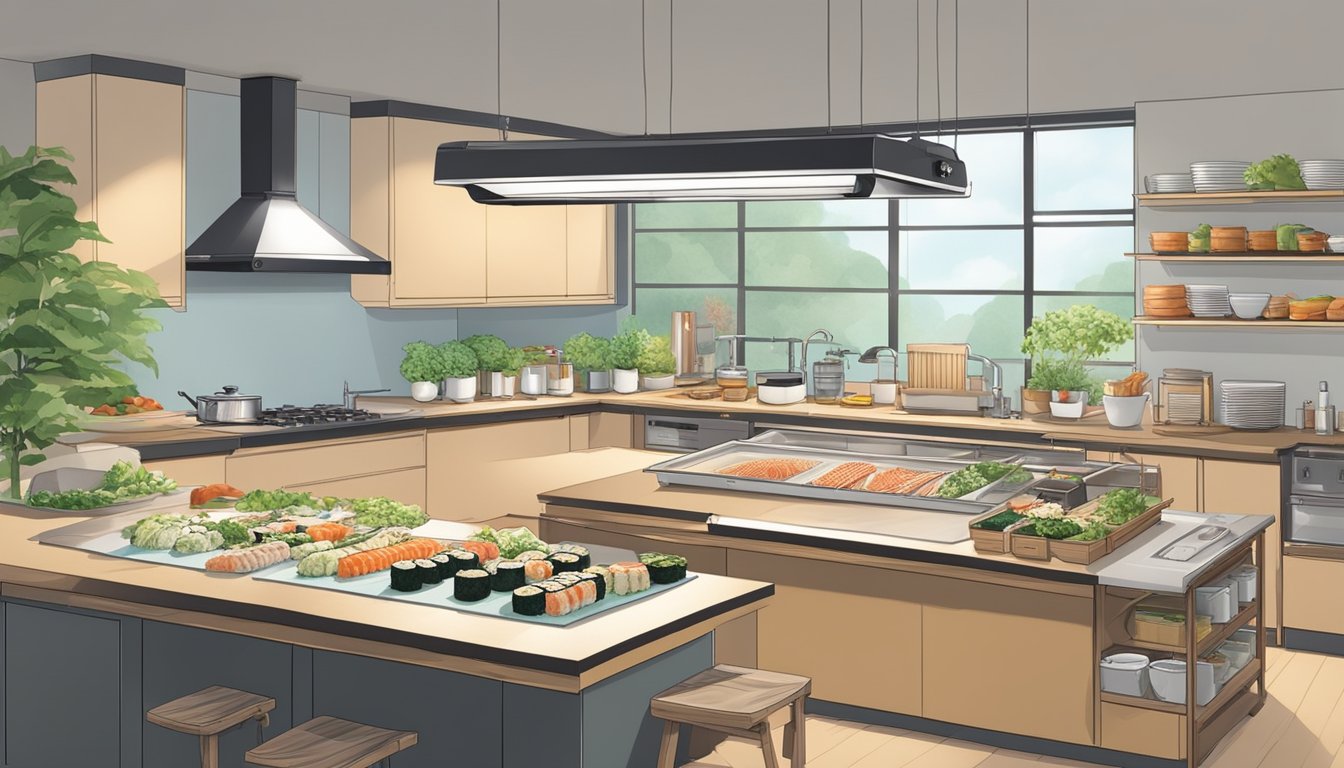 A well-lit, spacious kitchen with designated areas for prepping, rolling, and assembling sushi. Ingredients neatly organized and easily accessible