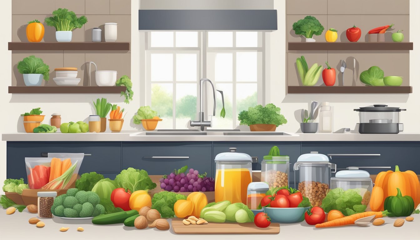 A bright, organized kitchen with an abundance of fresh fruits and vegetables, a variety of nuts and seeds, and a collection of sleek, modern kitchen tools for preparing raw vegan meals