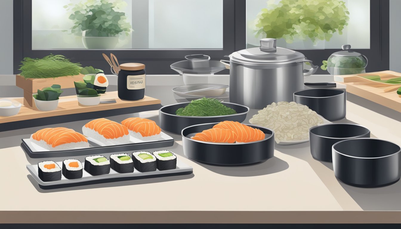 A clean, organized kitchen sushi station with labeled containers, cutting boards, and utensils neatly arranged on a sleek countertop