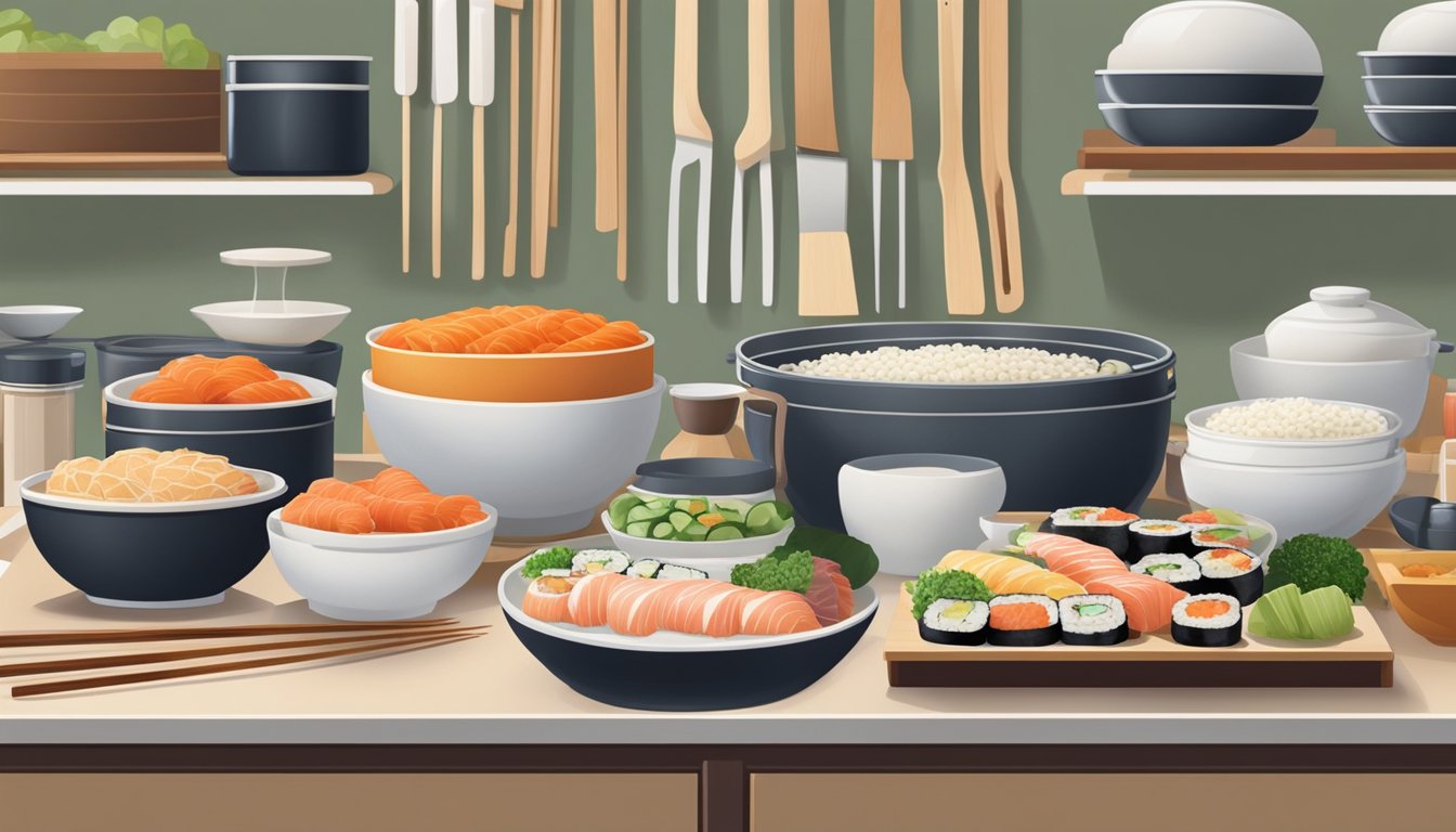 A clean, organized kitchen sushi station with neatly arranged ingredients, utensils, and cutting boards