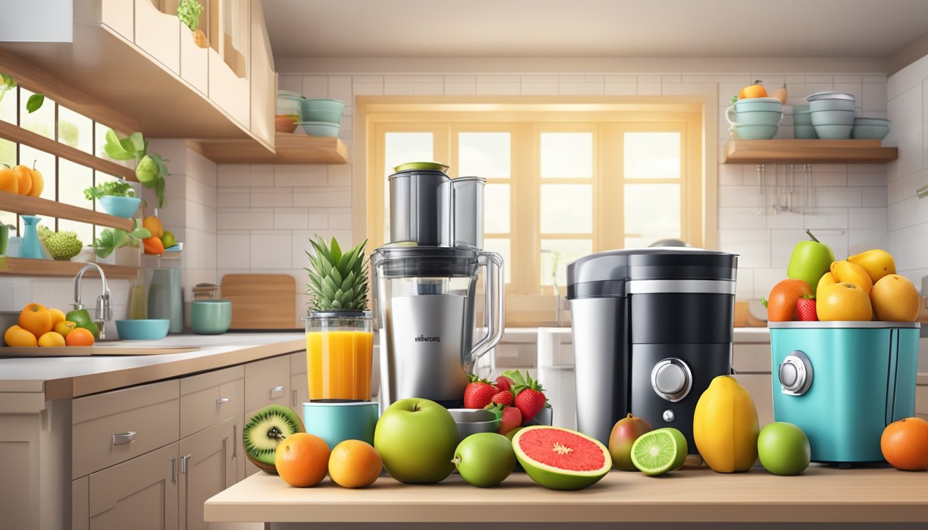 A bright, spacious kitchen with an abundance of colorful, fresh fruits organized neatly in baskets and on countertops. A blender and juicer sit ready for use