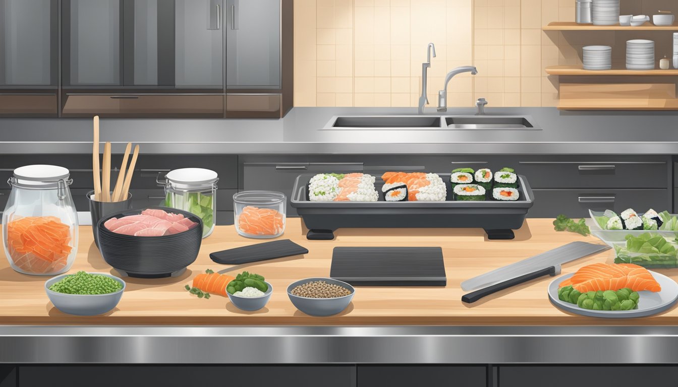 A clean and organized kitchen sushi station with labeled ingredients, cutting boards, knives, and a rolling mat on a stainless steel countertop