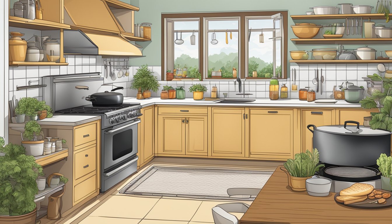 A well-organized kitchen with a grill as the focal point, surrounded by neatly arranged menu components and cooking utensils