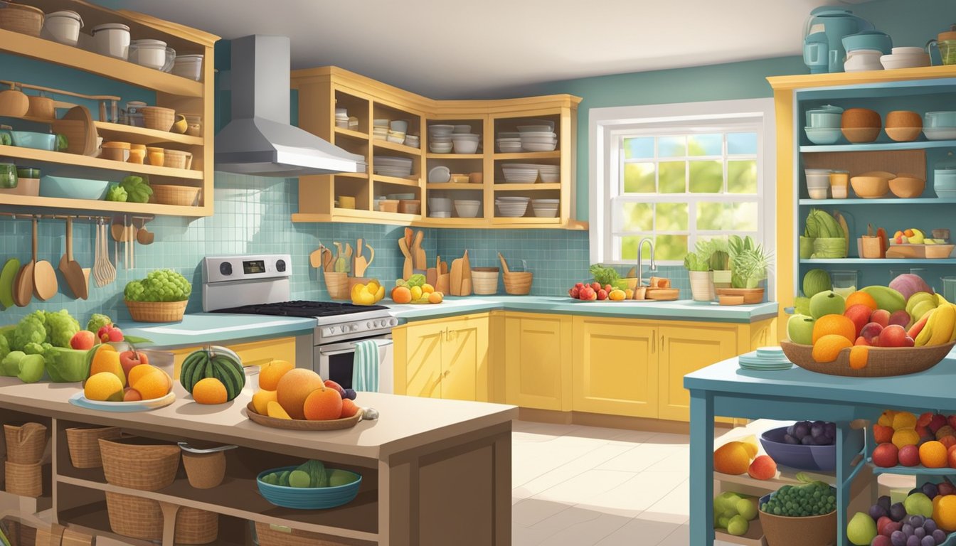 A brightly lit kitchen with an abundance of colorful fruits neatly organized in baskets and on shelves. A variety of kitchen tools and appliances are also visible, emphasizing the focus on a fruitarian diet