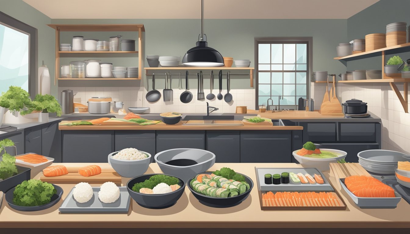 A clean, organized kitchen with a designated sushi station. Ingredients neatly arranged, cutting boards, knives, and rolling mats ready for use