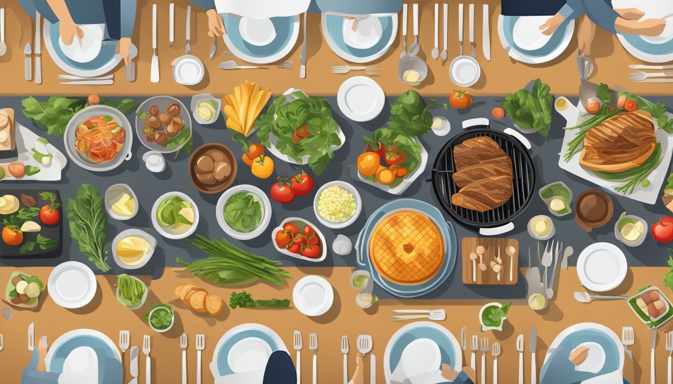 The kitchen is set for a dinner party with a grill. Ingredients are laid out, grill tools are organized, and the table is set with plates and utensils