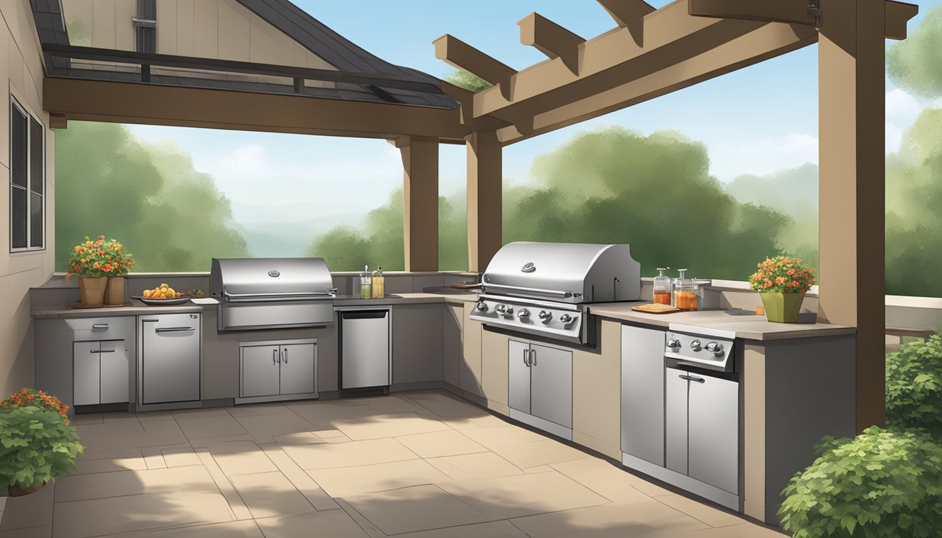 A well-organized outdoor kitchen with a grill, ample counter space, and seating for guests to comfortably interact while enjoying a dinner party