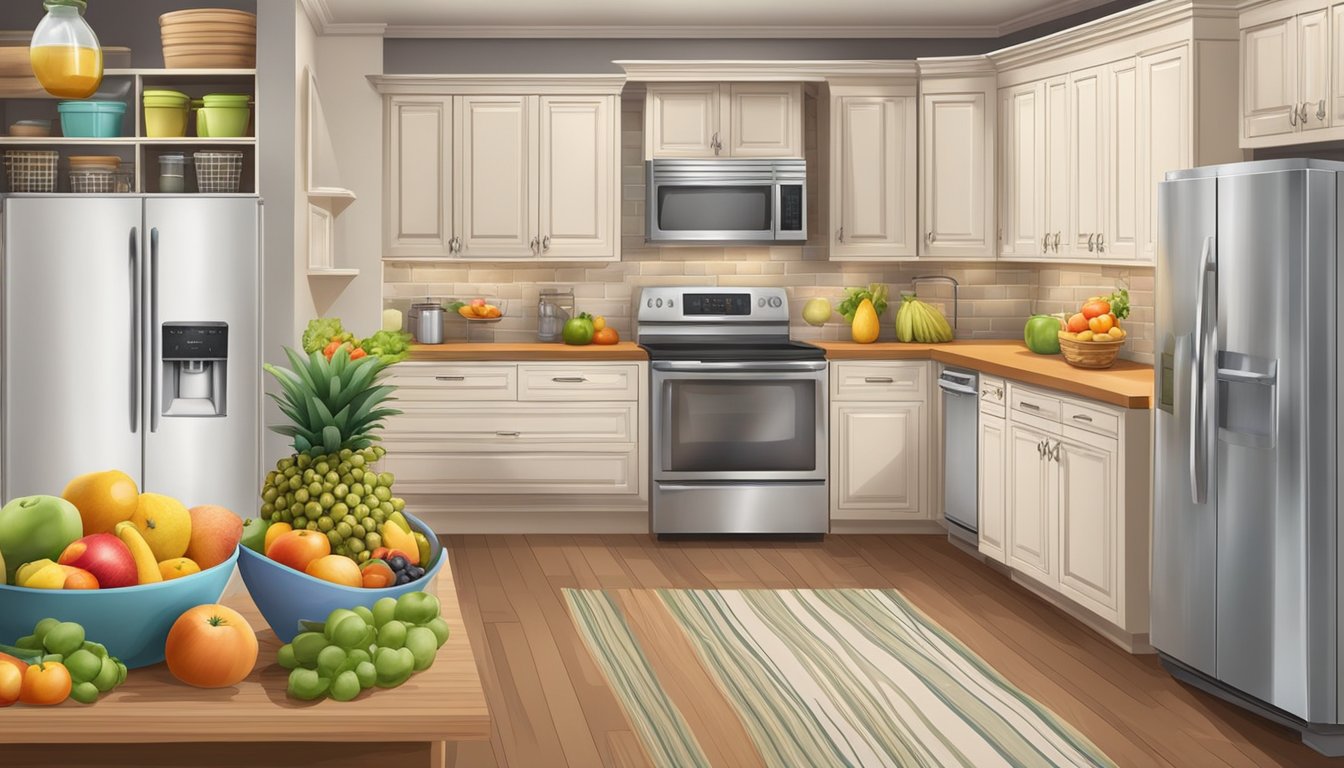 A bright, spacious kitchen with colorful fruits neatly organized in baskets and on countertops. A large fridge and pantry stocked with fresh produce