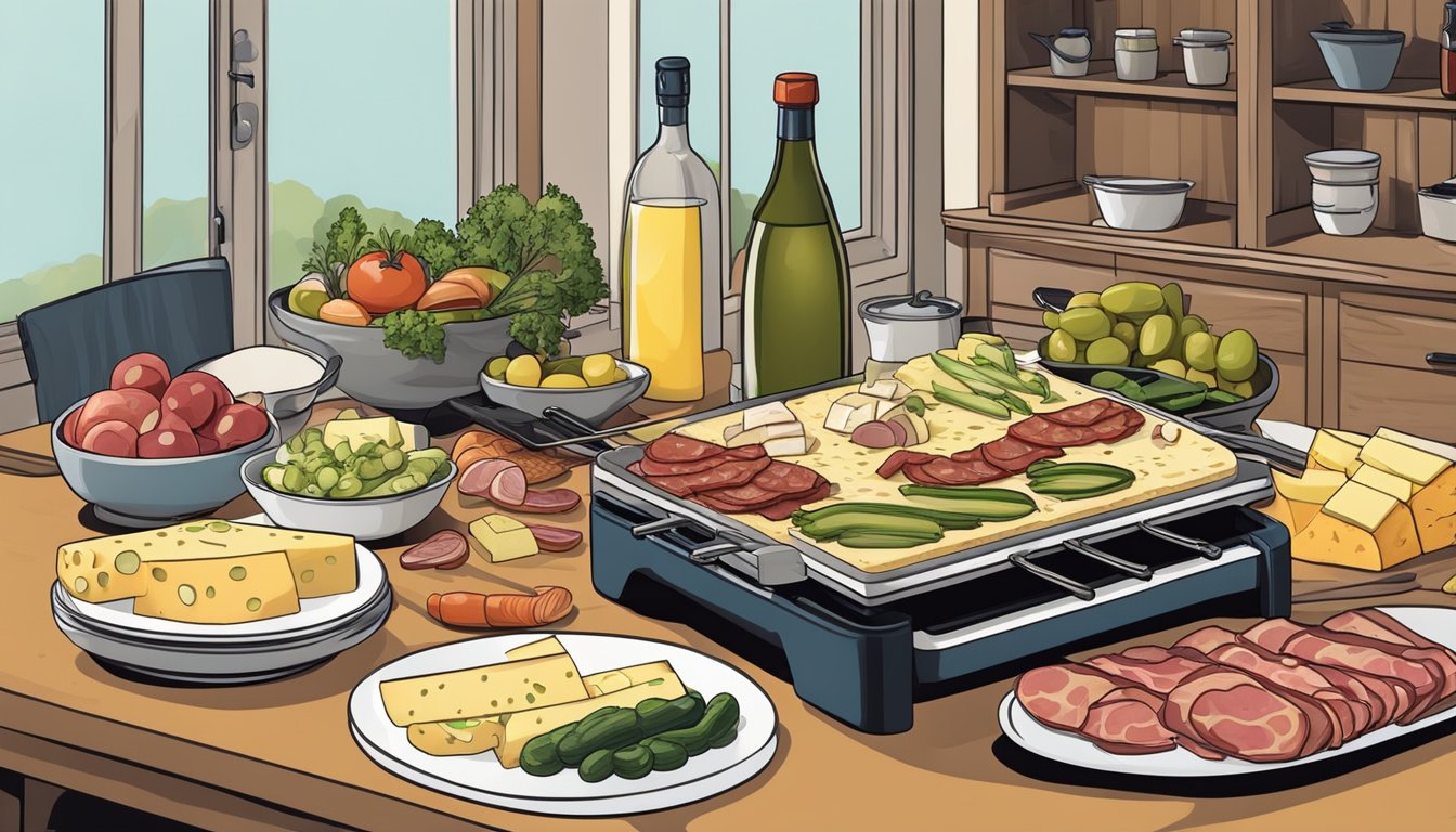 A kitchen counter with a raclette grill, assorted cheeses, cured meats, pickles, and vegetables arranged for a dinner party