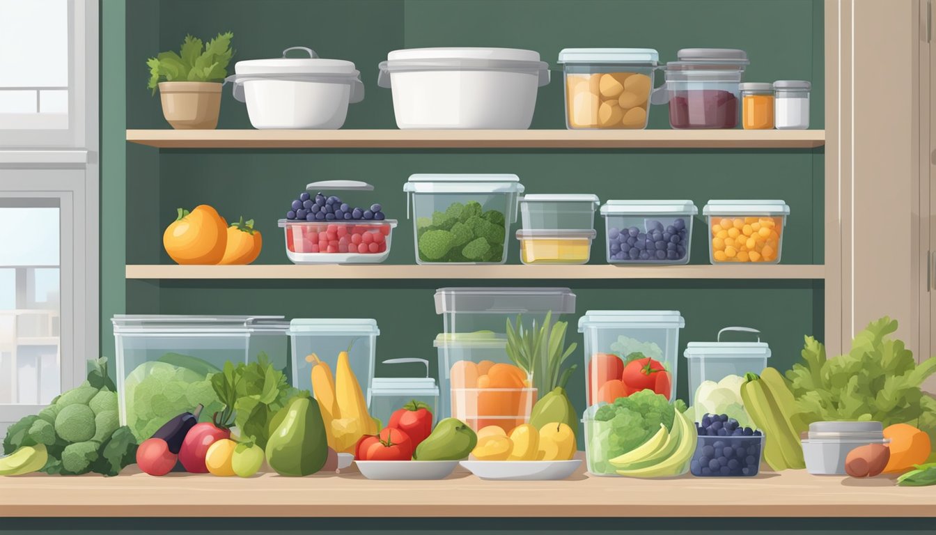 A clean, organized kitchen with labeled pantry items, meal prep containers, and a variety of fresh fruits and vegetables