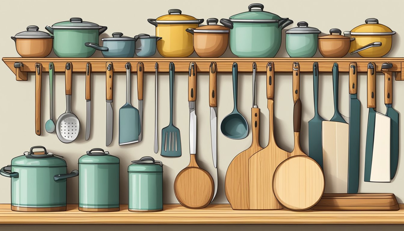 A row of neatly stacked cutting boards on a kitchen shelf, with hooks for hanging smaller boards, and a designated slot for a large board